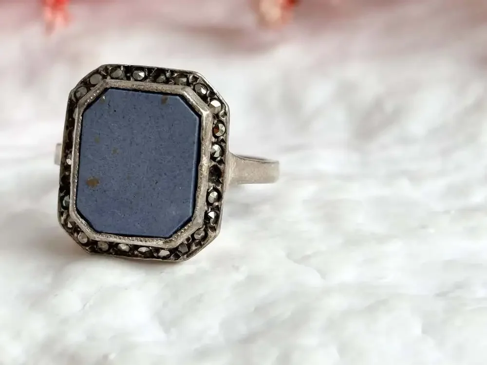 Lapis Lazuli Blue Octagon Shaped Marcasite Framed Gemstone Bezel Set Sterling Si